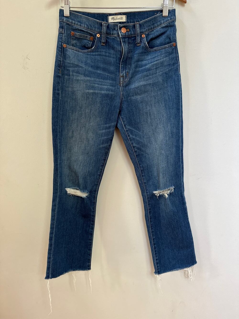 Madewell 10” High Rise Distressed Demi Bootcut Jeans Raw Hem Sz 28 Classic